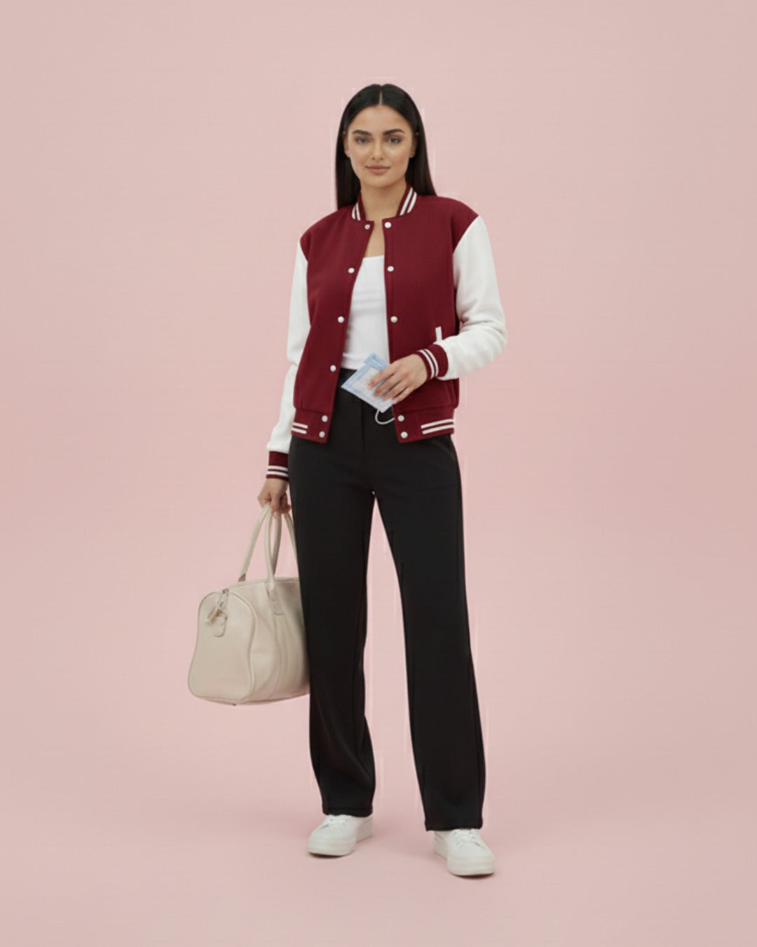 Women’s Casual Varsity Baseball Jacket - Maroon