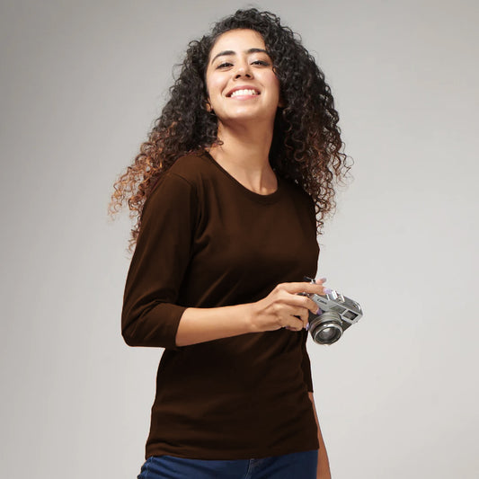 Women's Basic Brown Full Sleeves T-Shirt