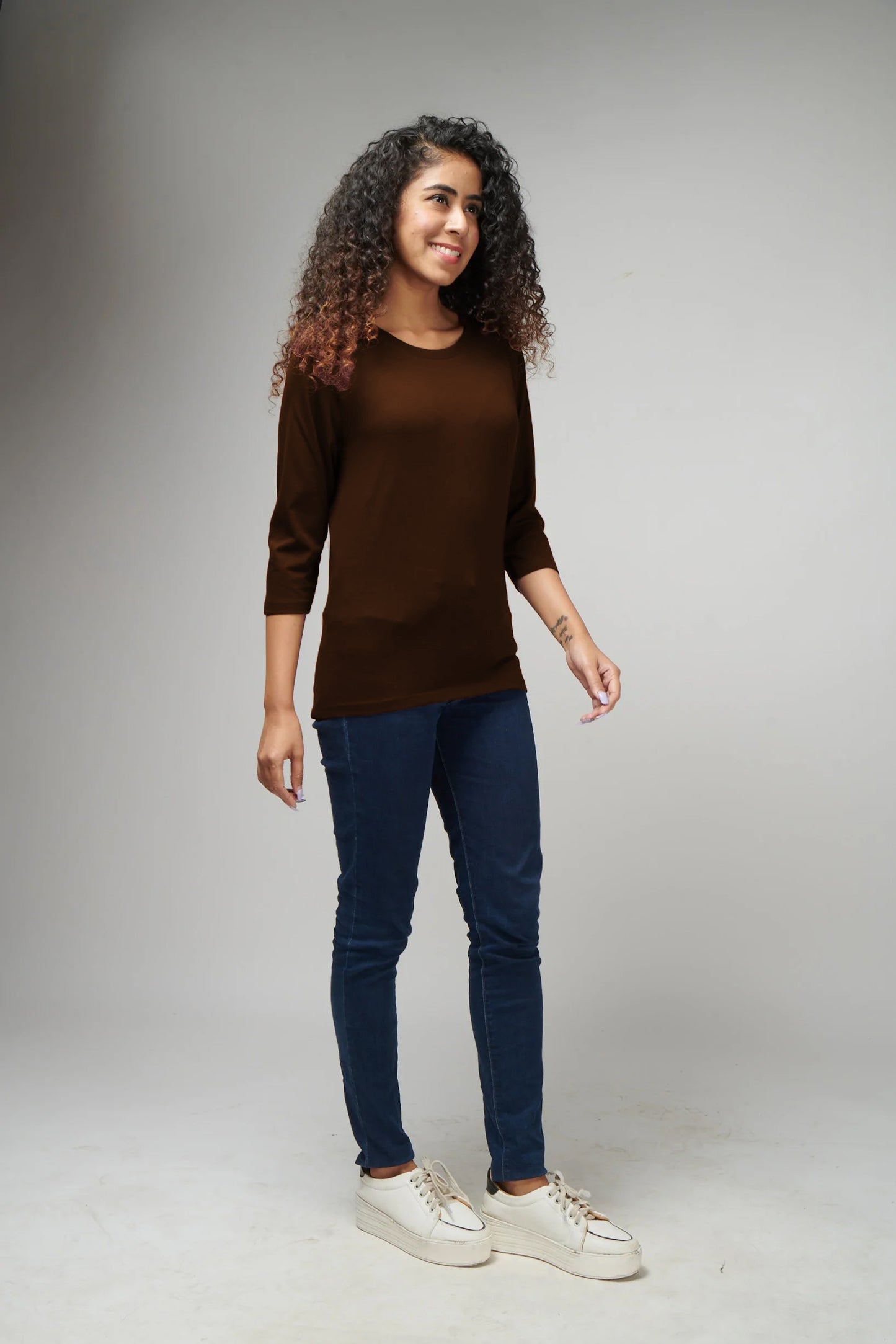 Women's Basic Brown Full Sleeves T-Shirt