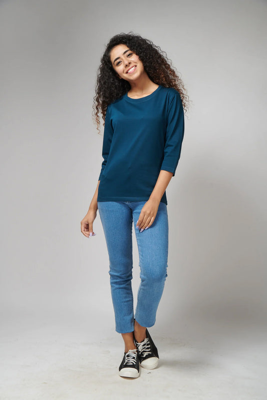 Women's Basic Petroleum Blue Full Sleeves T-Shirt