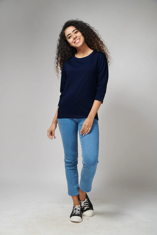 Women's Basic Navy Blue Full Sleeves T-Shirt