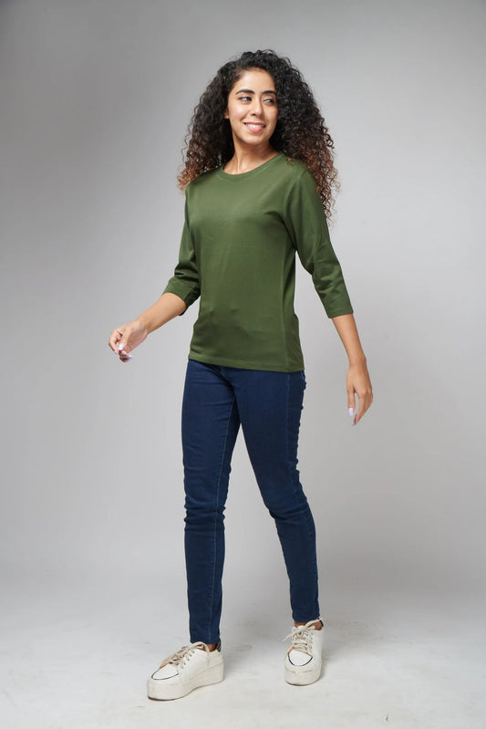 Women's Basic Army Green Full Sleeves T-Shirt