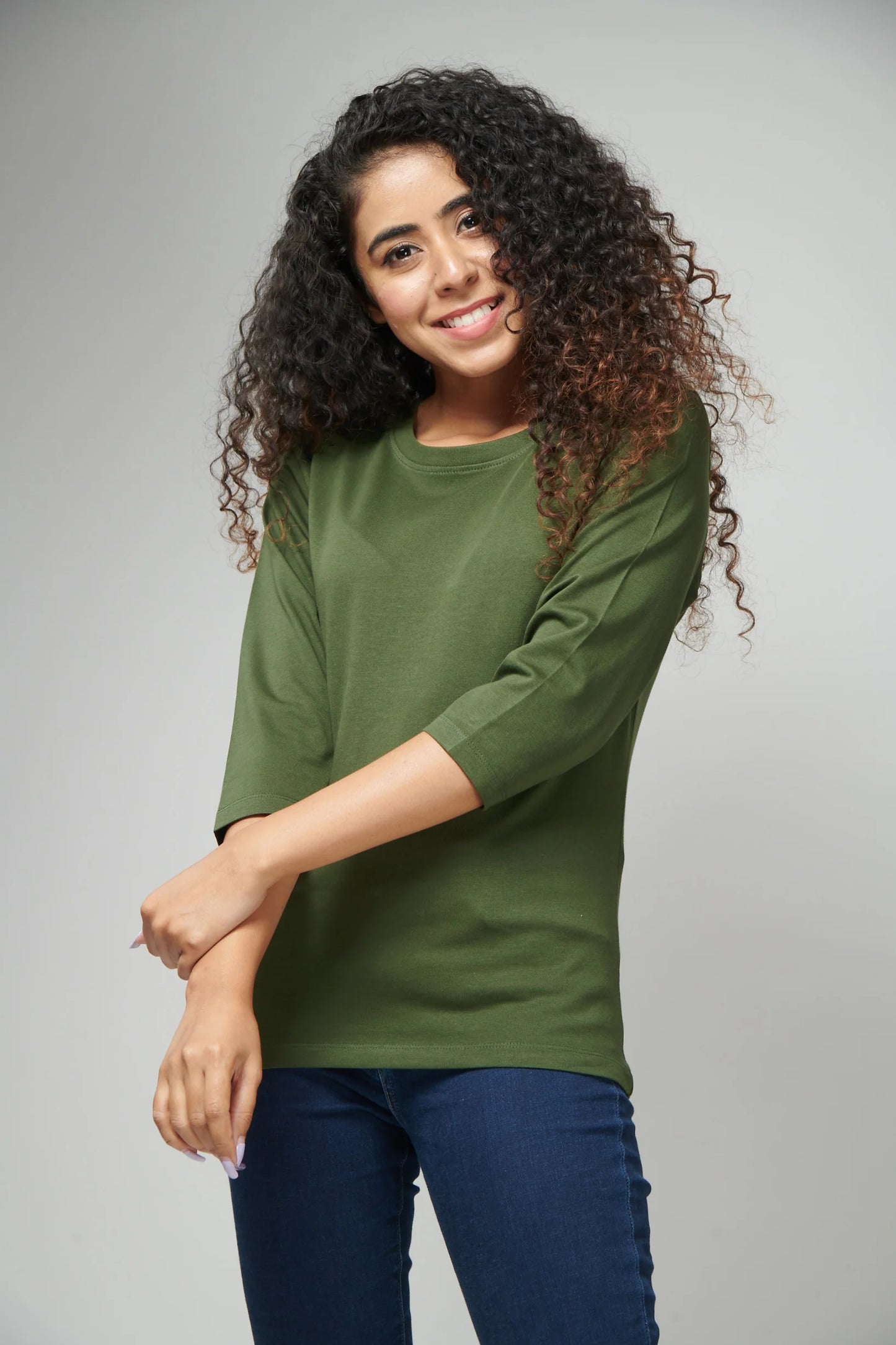 Women's Basic Army Green Full Sleeves T-Shirt