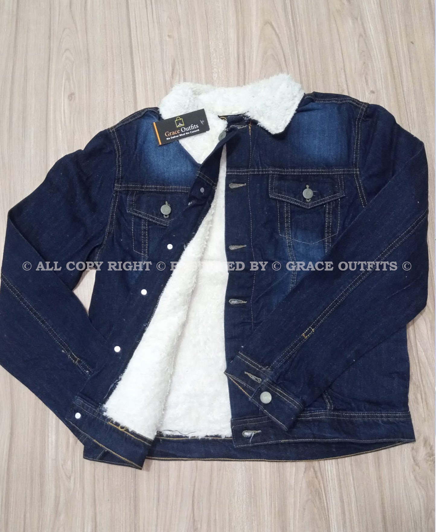Grace Fur Denim Jacket Blue Color