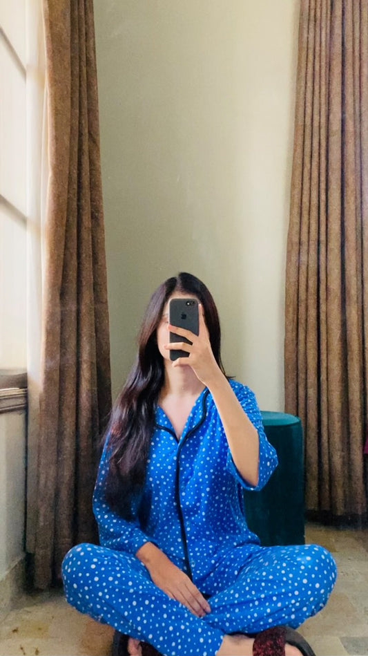 Women's Cotton Night Suit – Blue Polka Dot Set