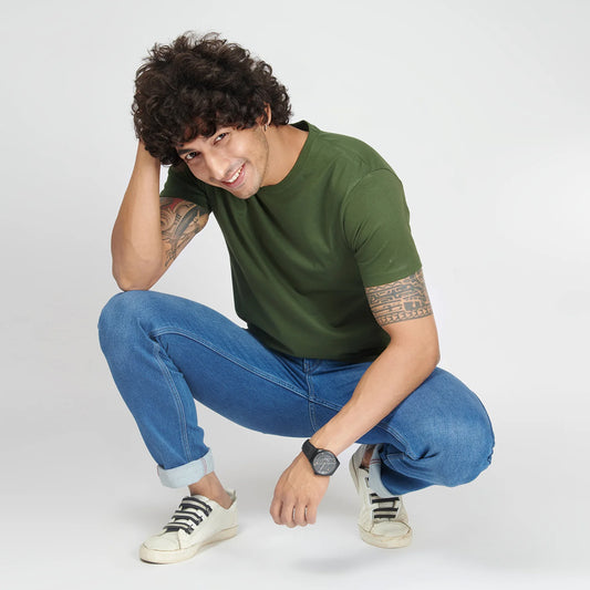 Basic Army Green Half Sleeves T-Shirt