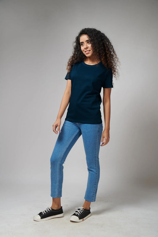 Women's Basic Navy Blue Half Sleeves T-Shirt