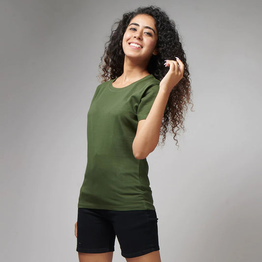 Women's Basic Army Green Half Sleeves T-Shirt