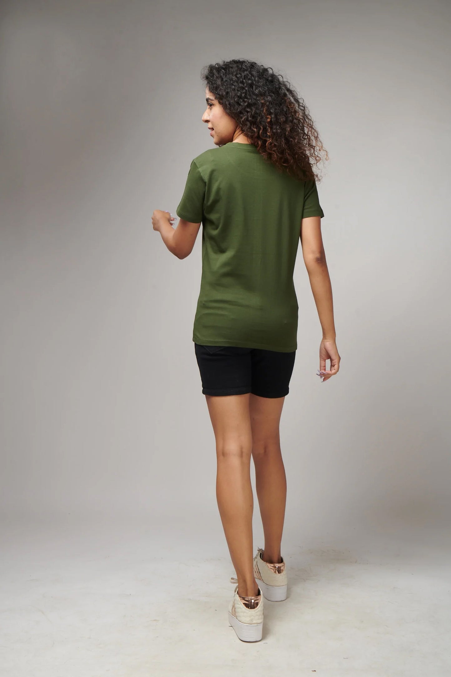 Women's Basic Army Green Half Sleeves T-Shirt