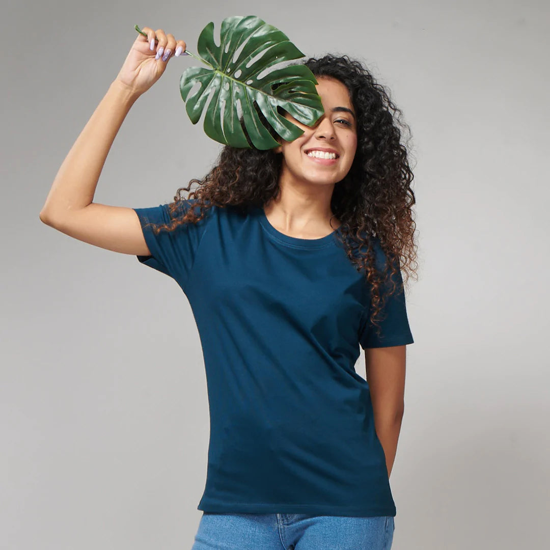 Women's Basic Petroleum Blue Half Sleeves T-Shirt