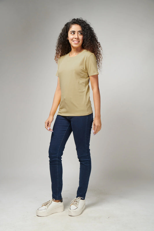 Women's Basic Cream Half Sleeves T-Shirt