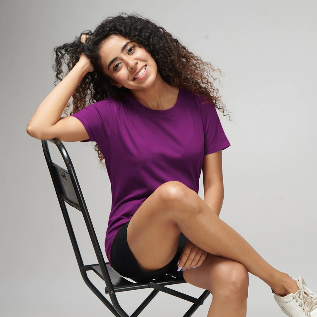 Women's Basic Dark Purple Half Sleeves T-Shirt