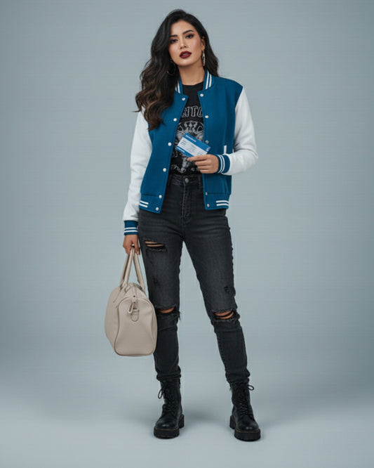 Women’s Casual Varsity Baseball Jacket - Petroleum Blue