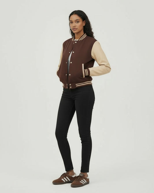 Women’s Casual Varsity Baseball Jacket - Brown