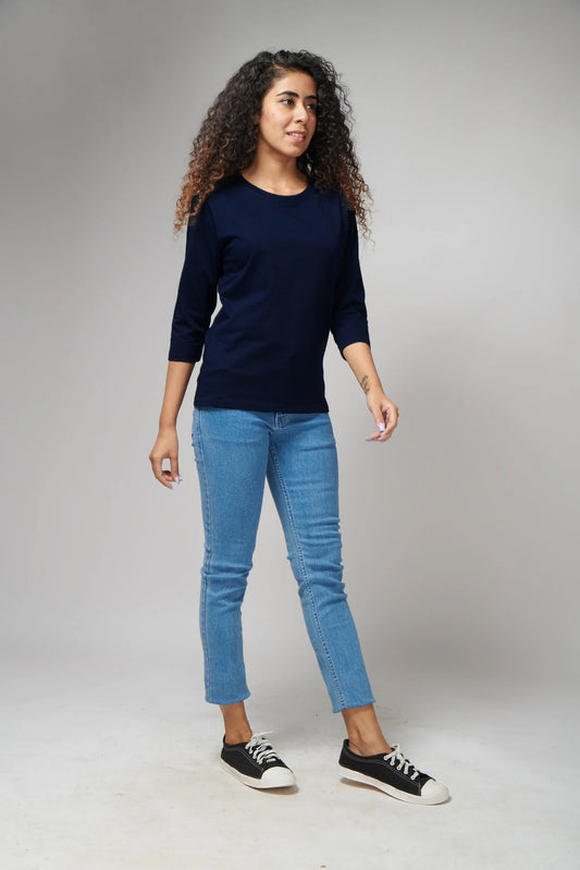 Women's Basic Navy Blue Full Sleeves T-Shirt