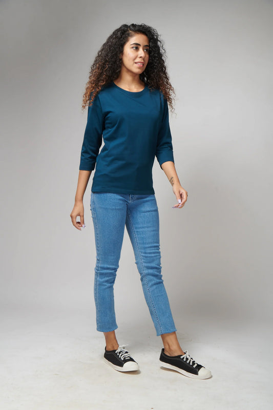 Women's Basic Petroleum Blue Full Sleeves T-Shirt