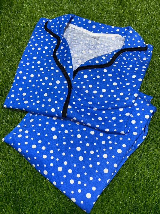 Women's Cotton Night Suit – Blue Polka Dot Set