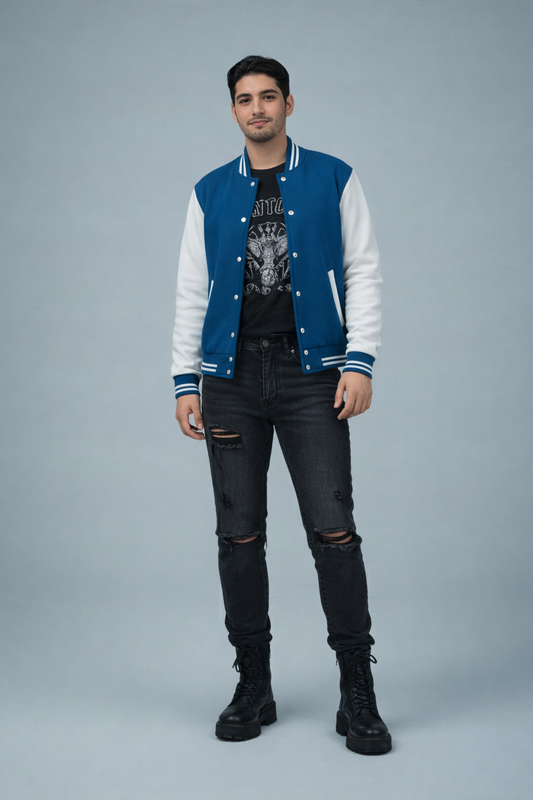 Men’s Casual Varsity Baseball Jacket - Petroleum Blue