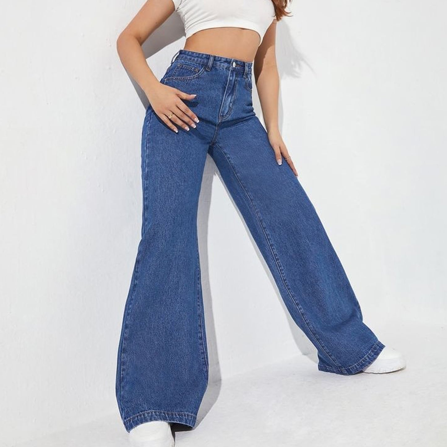 Women Denim Wide Leg Jeans Dark Blue Color