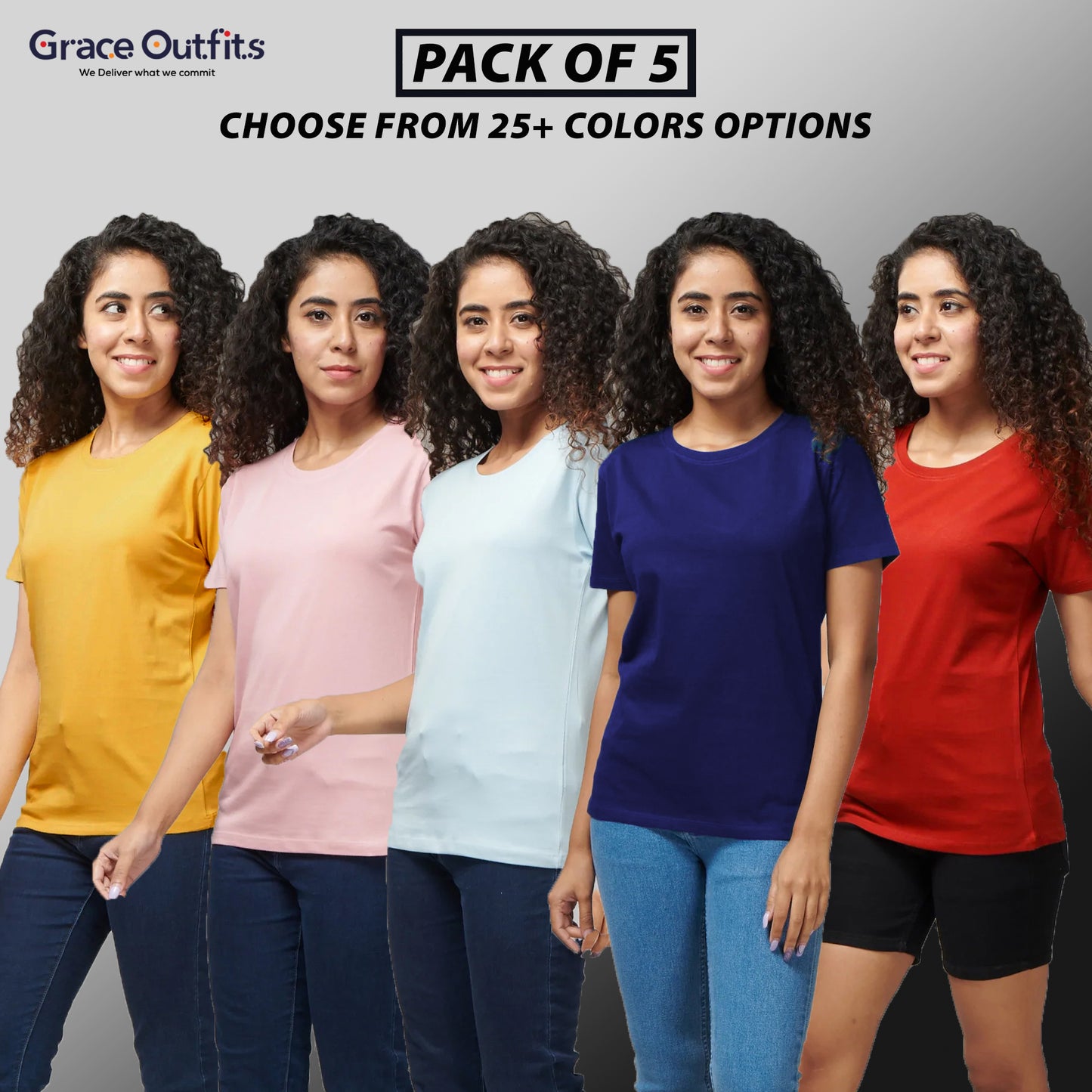 Women's Pack of 5 Half Sleeves T-Shirts
