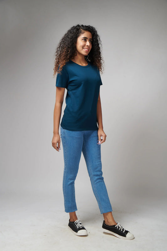 Women's Basic Petroleum Blue Half Sleeves T-Shirt