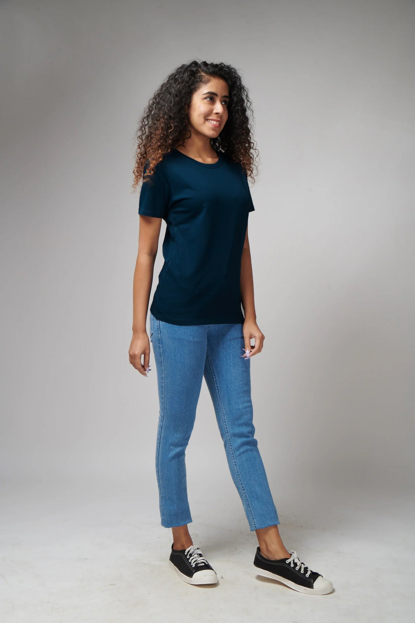 Women's Basic Navy Blue Half Sleeves T-Shirt