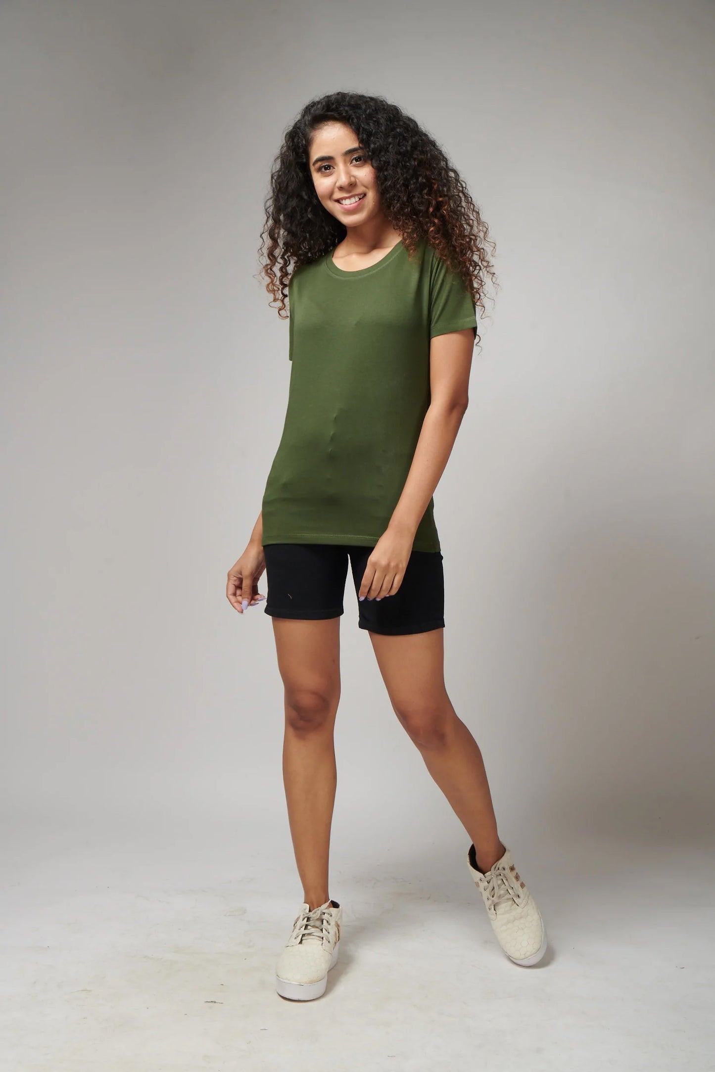 Women's Basic Army Green Half Sleeves T-Shirt