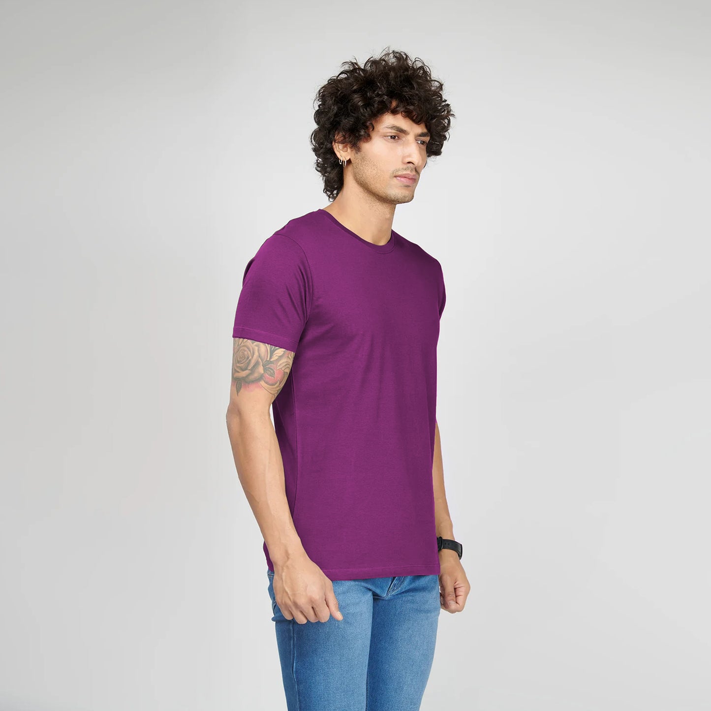 Basic Dark Purple Half Sleeves Crew T-Shirt