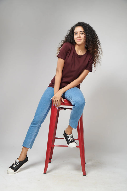 Women's Basic Maroon Half Sleeves T-Shirt